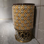 Rounded Two-Door Sideboard with Geometric Patterned Panels Dark Natural Wood Veneer Top and Gold-Tone Openwork Metal Base